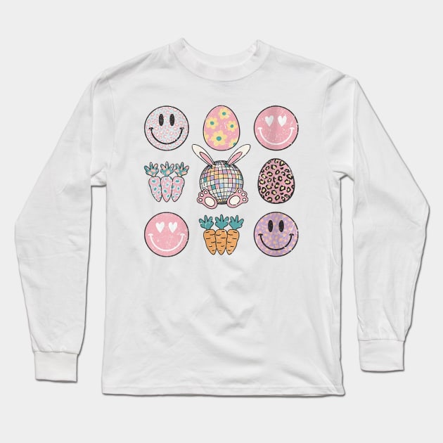 Retro Groovy Bunny Smile Disco Eggs Carrot Happy Easter Day Long Sleeve T-Shirt by Mitsue Kersting